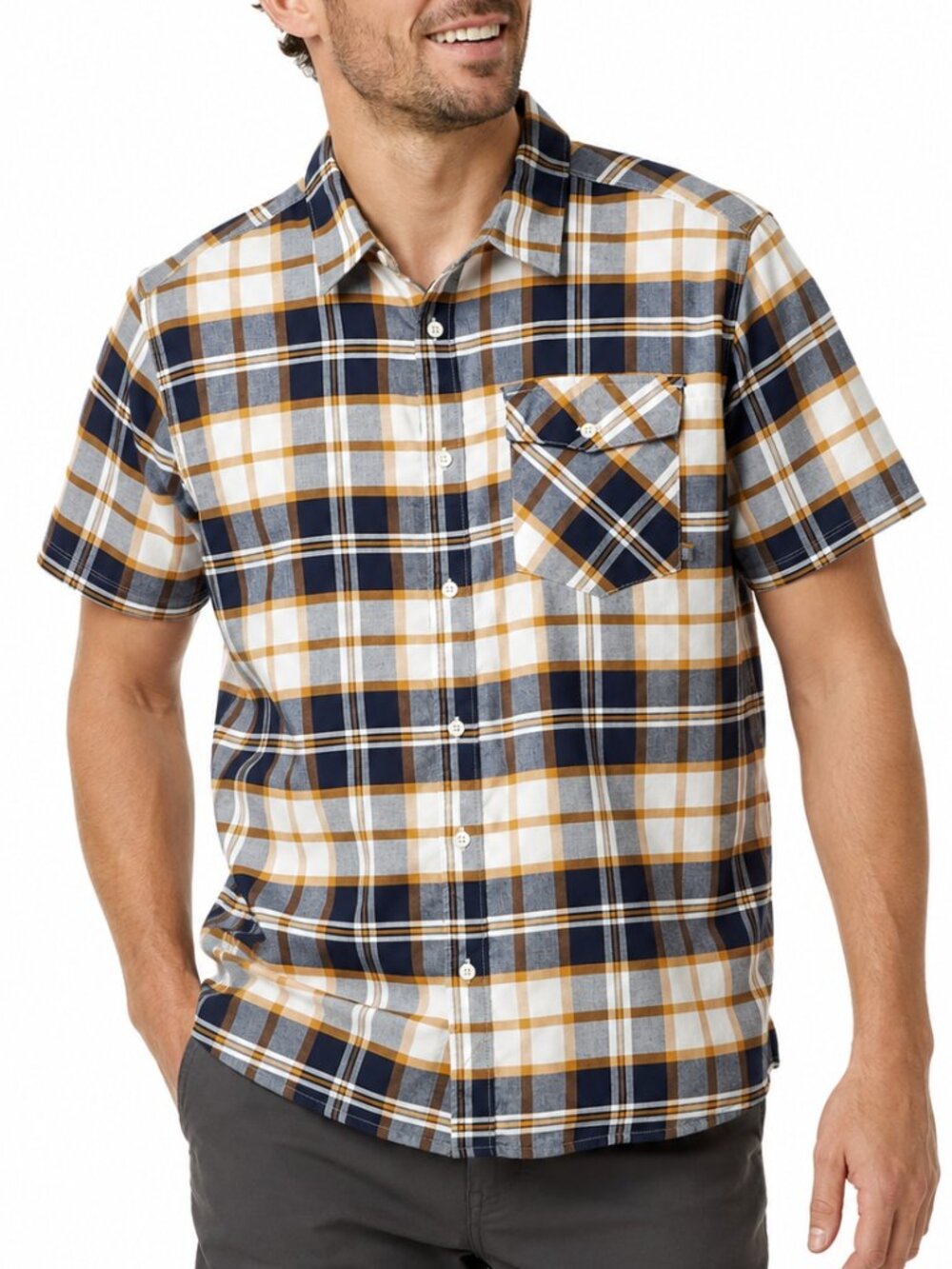 MOUNTAIN HARDWEAR Drummond Shirt Blue Gold Plaid Lg SS Button Up Hiking Outdoor